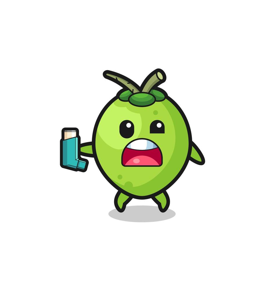 coconut mascot having asthma while holding the inhaler vector