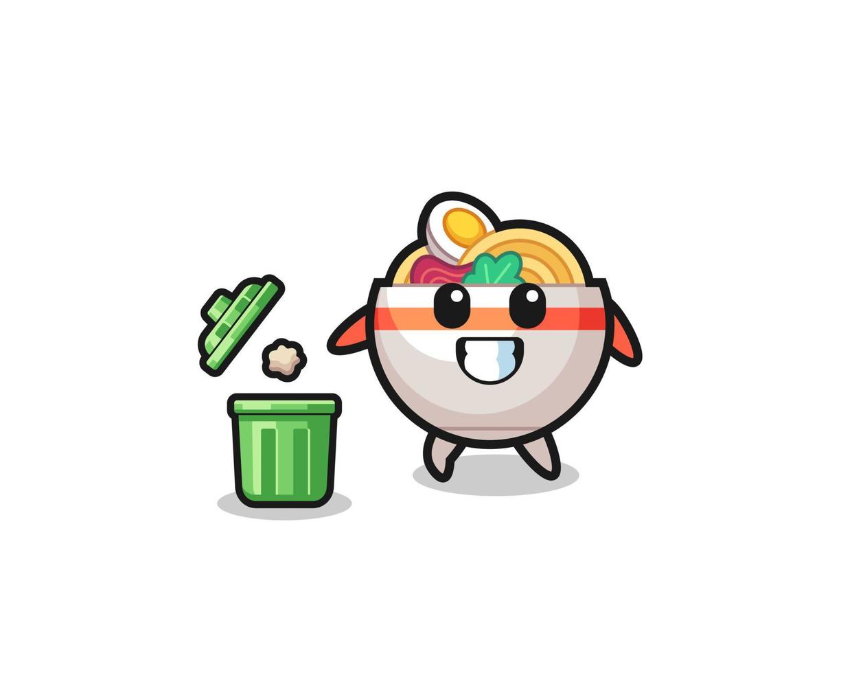 illustration of the noodle bowl throwing garbage in the trash can vector