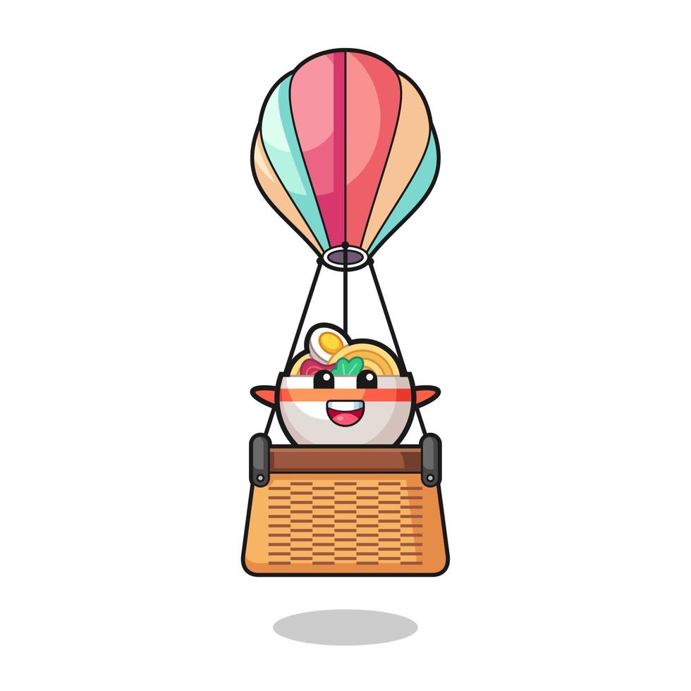 noodle bowl mascot riding a hot air balloon vector