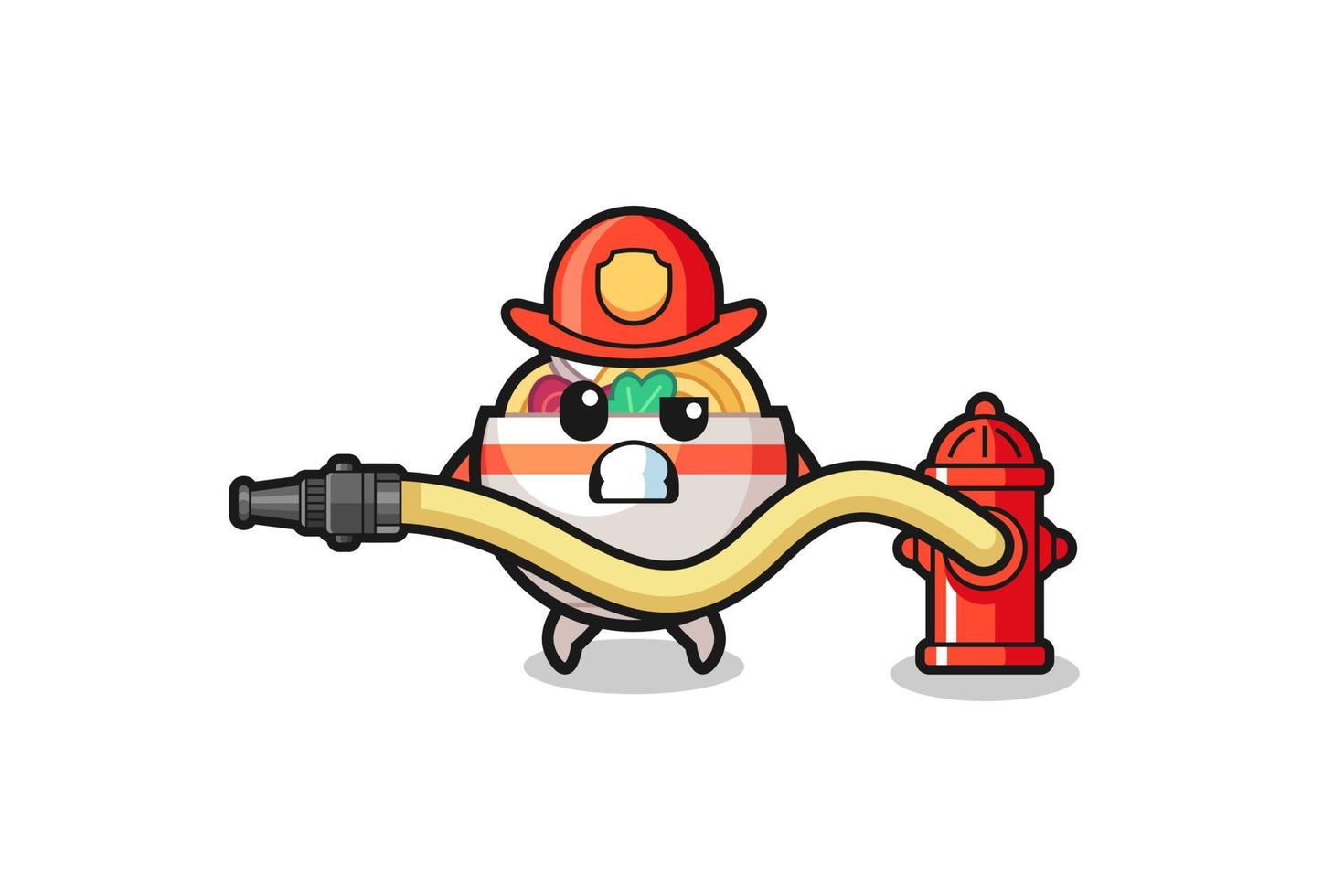 Dibujos animados de tazón de fideos como mascota bombero con manguera de agua vector