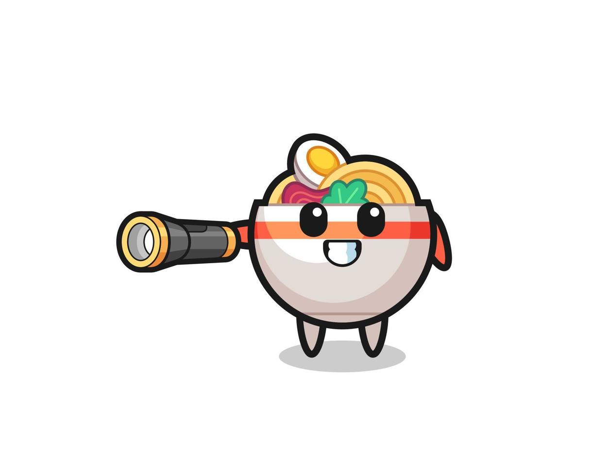 noodle bowl mascot holding flashlight vector