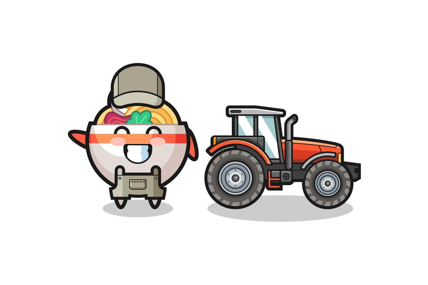 La mascota del granjero del tazón de fideos de pie junto a un tractor vector