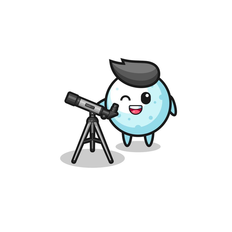 snow ball astronomer mascot with a modern telescope vector