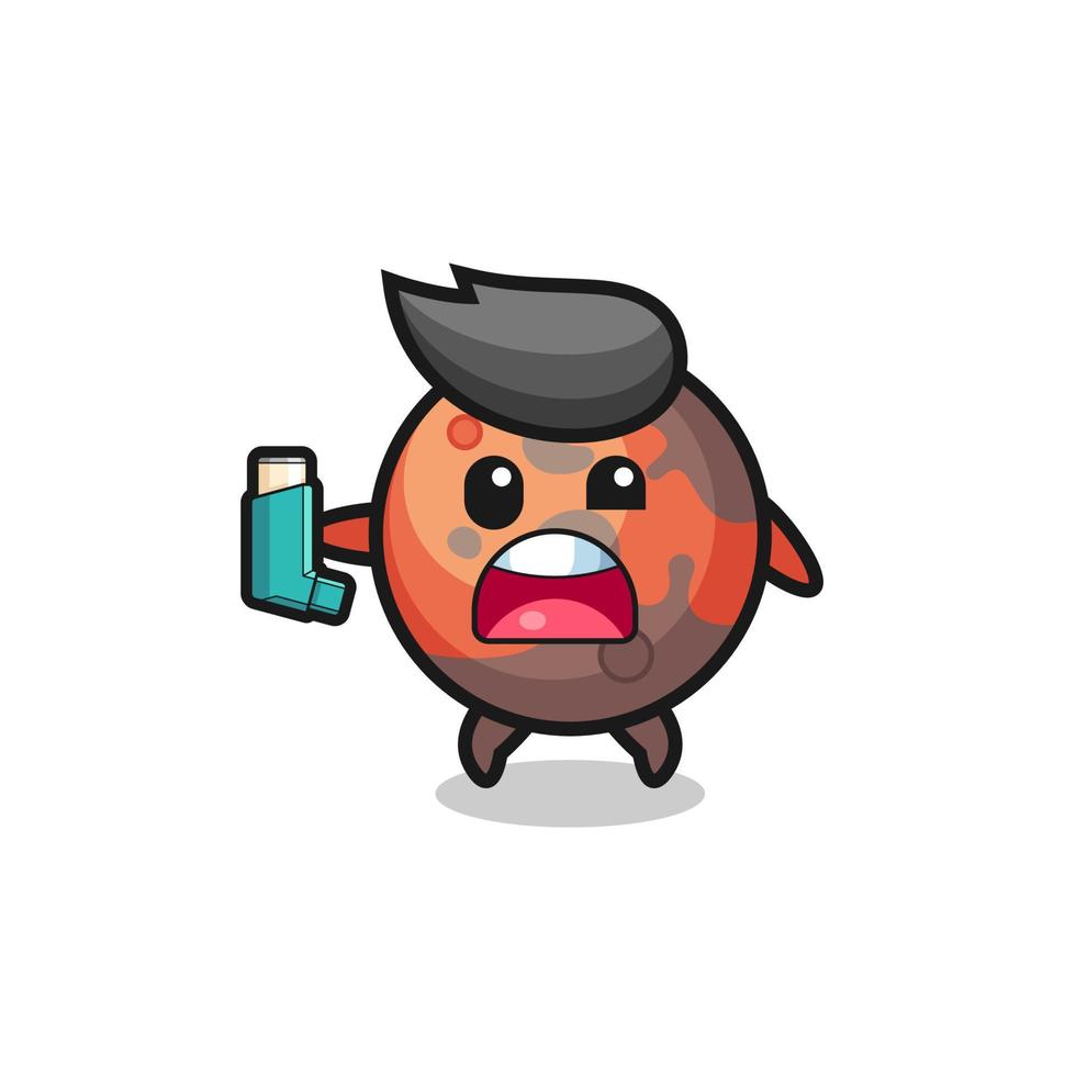 mars mascot having asthma while holding the inhaler vector