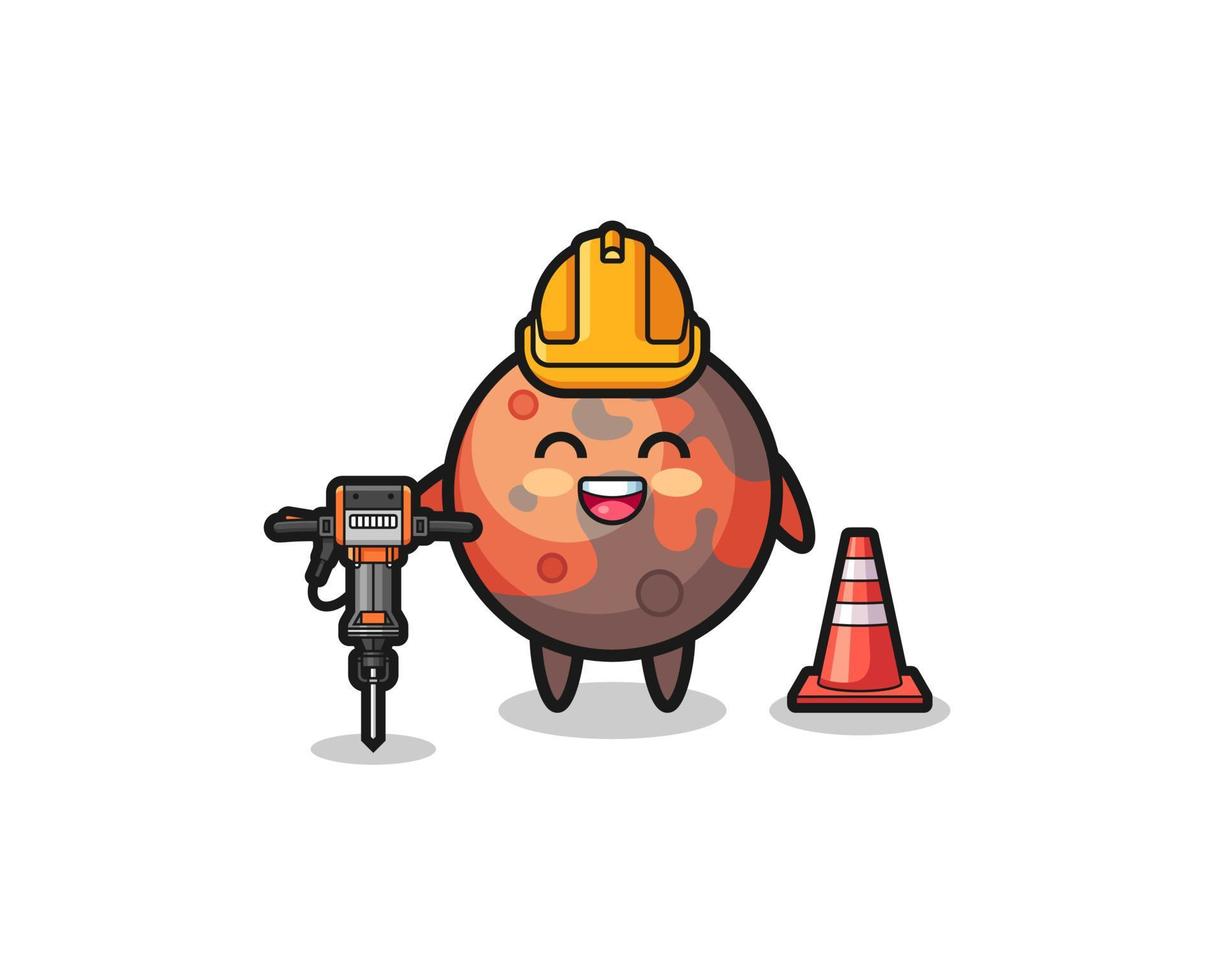 road worker mascot of mars holding drill machine vector