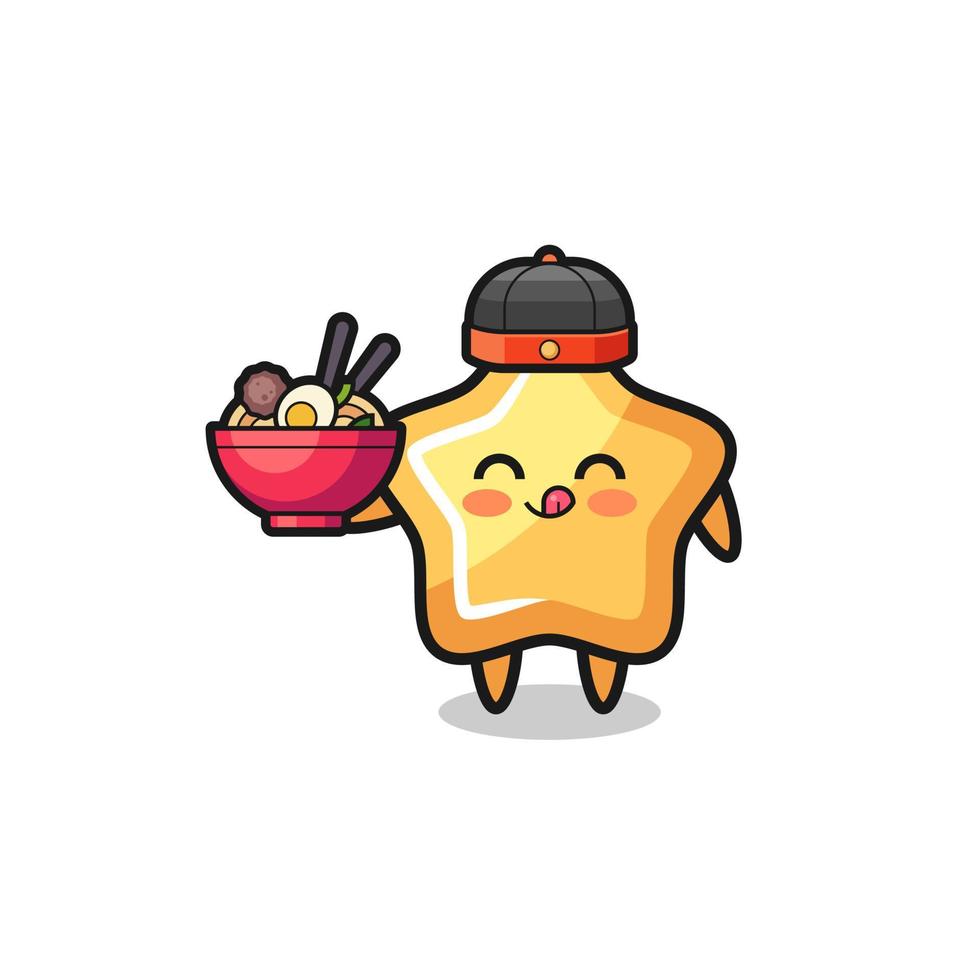 estrella como mascota chef chino sosteniendo un tazón de fideos vector
