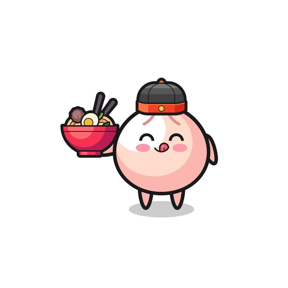 meatbun as Chinese chef mascot holding a noodle bowl vector