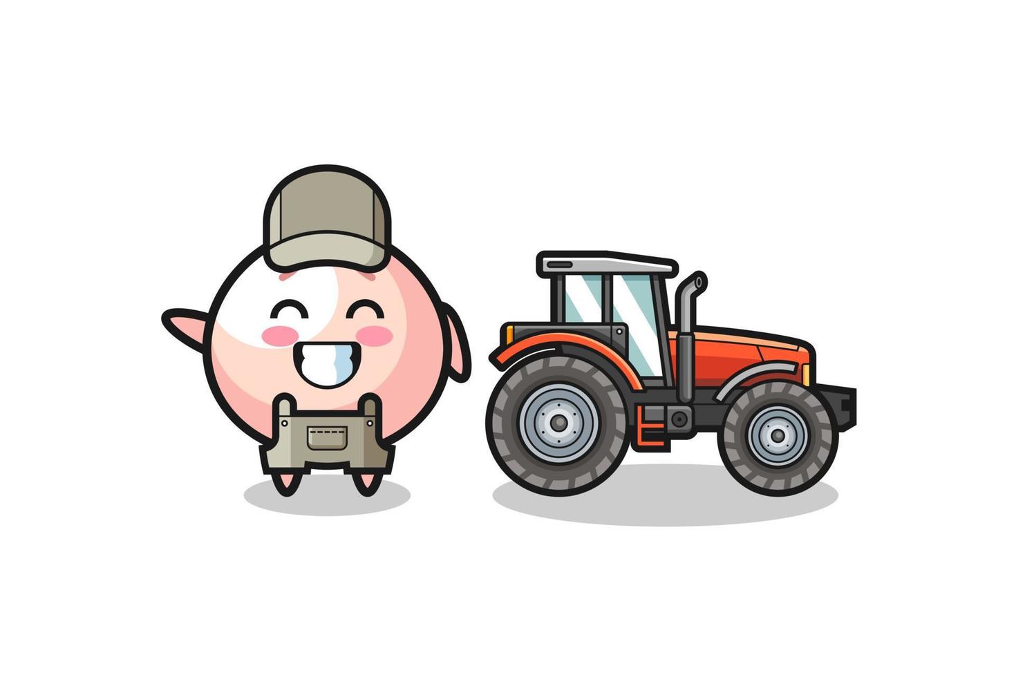 the meatbun farmer mascot standing beside a tractor vector