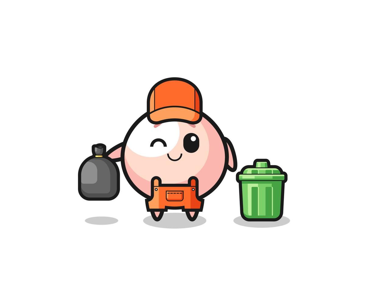 the mascot of cute meatbun as garbage collector vector