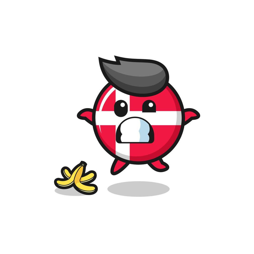 La caricatura de la bandera de Dinamarca se desliza sobre una cáscara de plátano vector