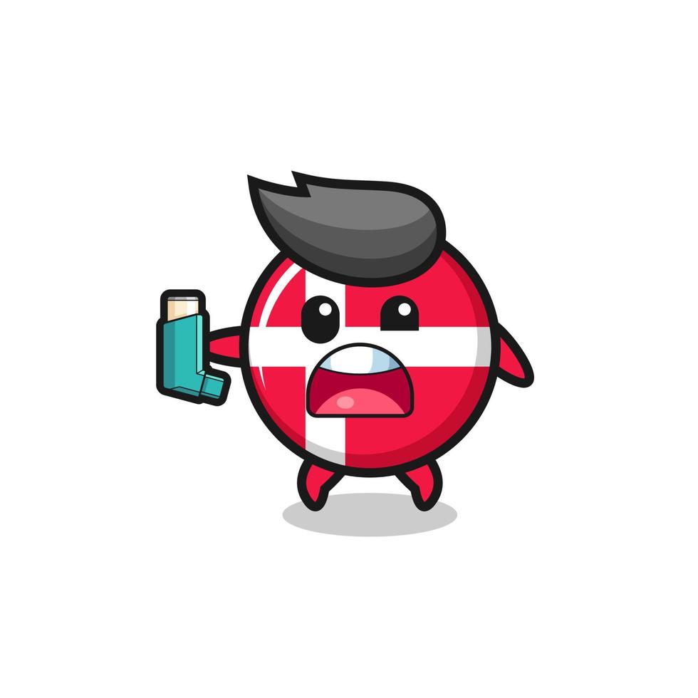 Mascota de la bandera de Dinamarca que tiene asma mientras sostiene el inhalador vector