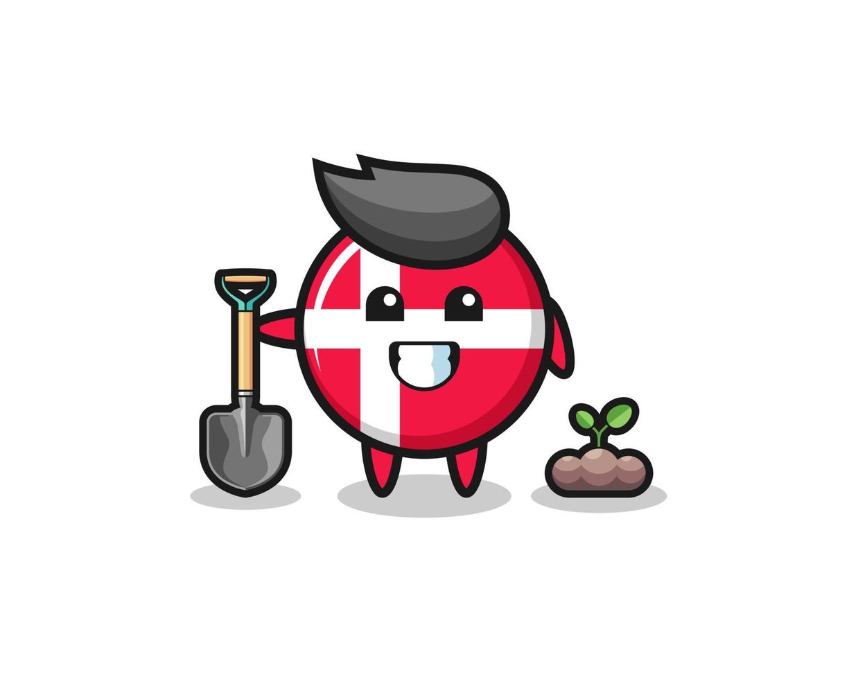 cute denmark flag cartoon is planting a tree seed vector