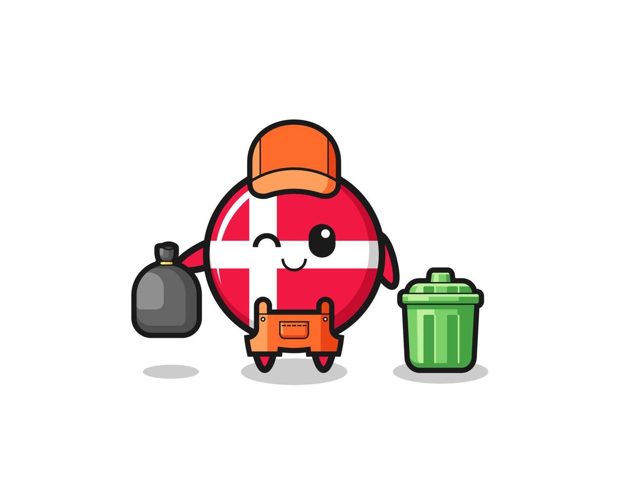 la mascota de la linda bandera de dinamarca como recolector de basura vector