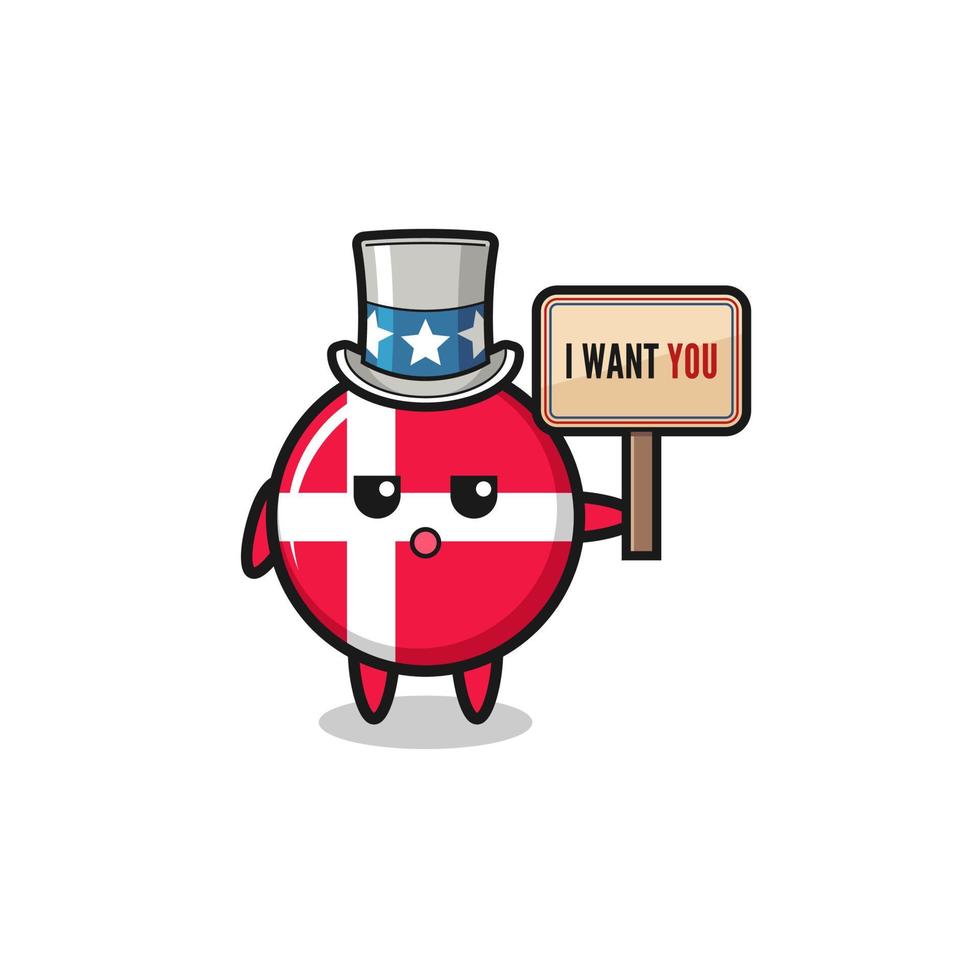 denmark flag cartoon as uncle Sam holding the banner I want you vector