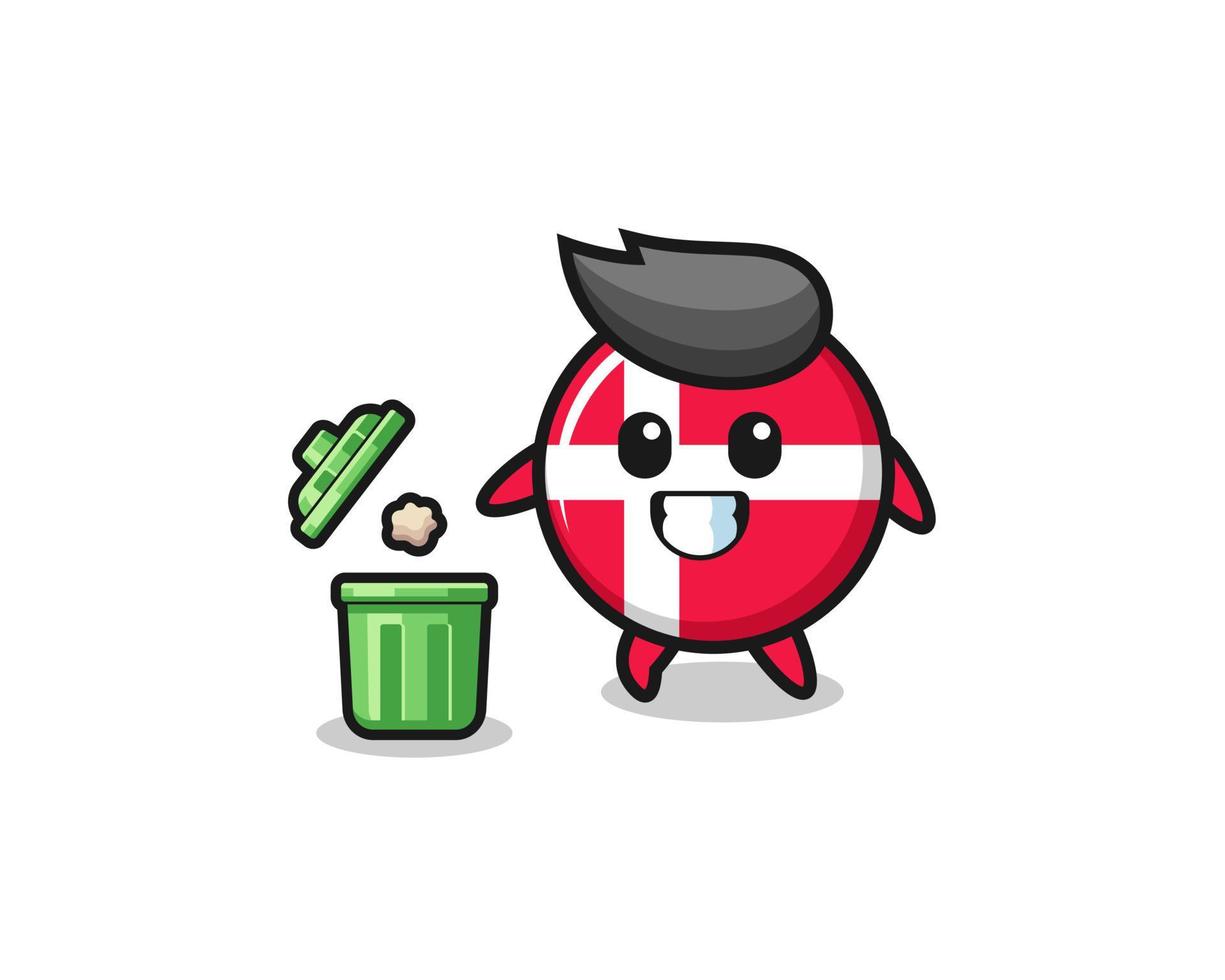 illustration of the denmark flag throwing garbage in the trash can vector