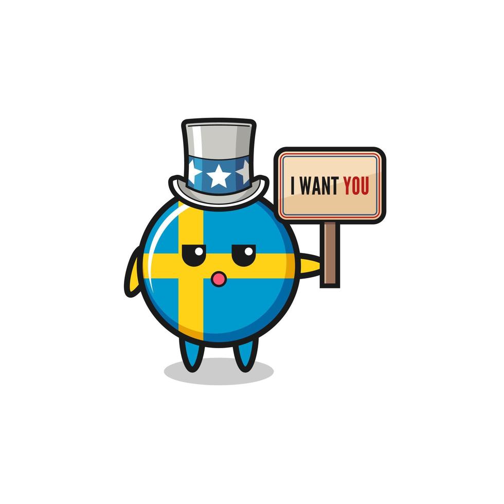 sweden flag cartoon as uncle Sam holding the banner I want you vector