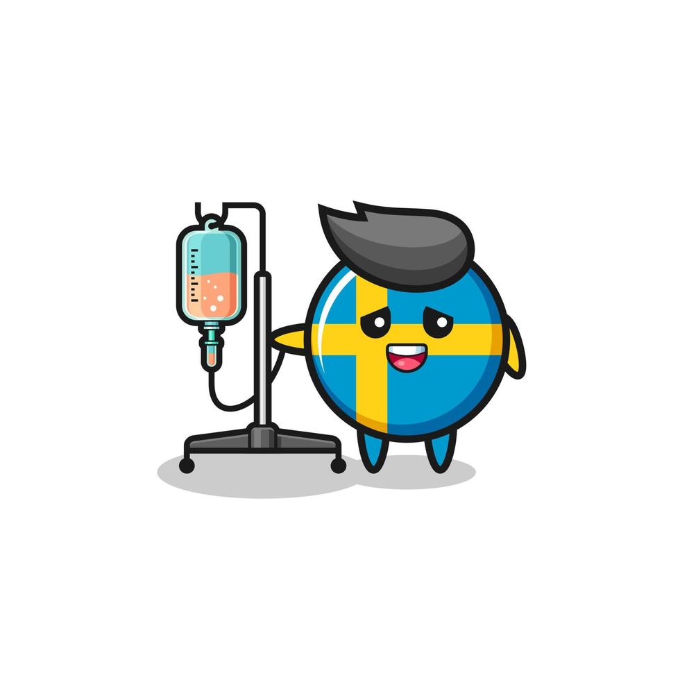 cute sweden flag character standing with infusion pole vector