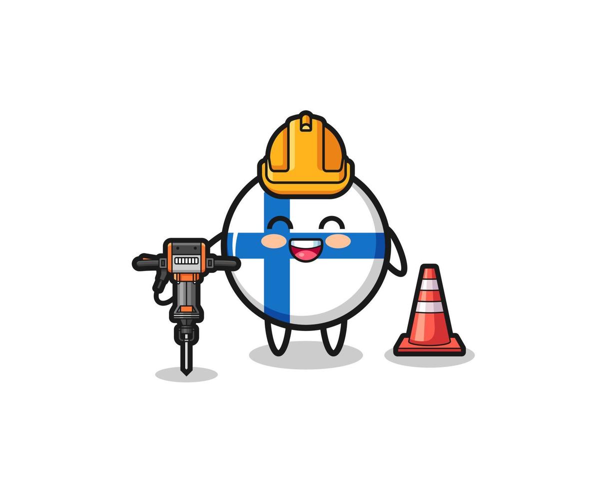 road worker mascot of finland flag holding drill machine vector