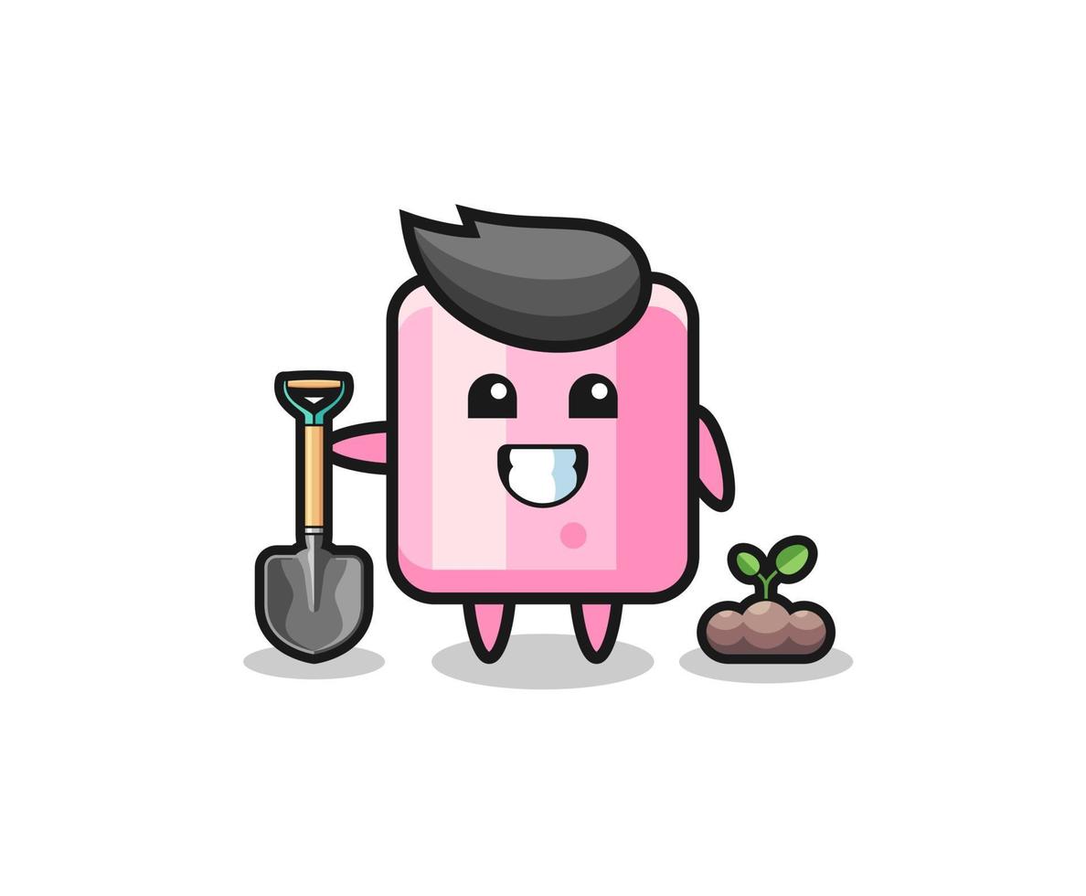 cute marshmallow cartoon is planting a tree seed vector