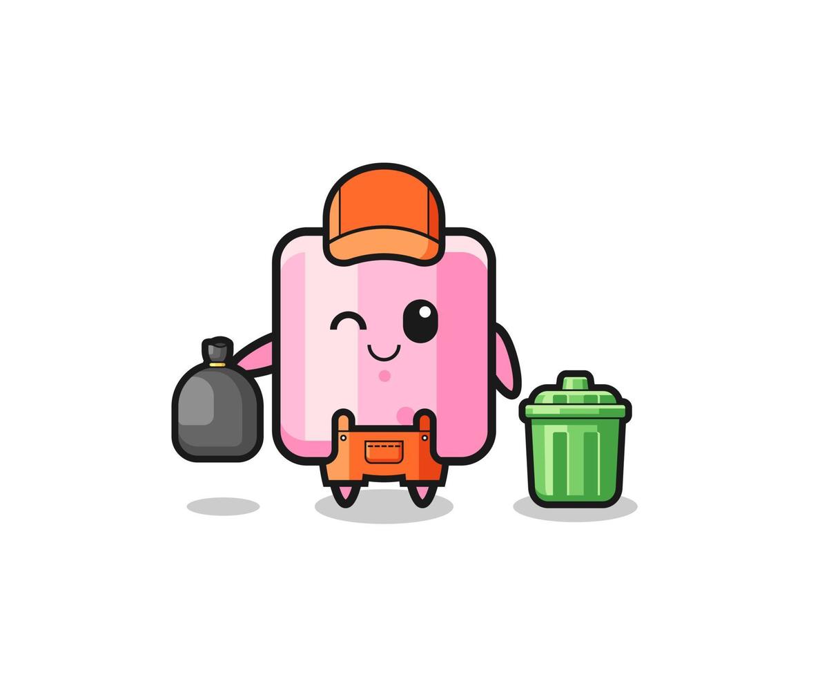 the mascot of cute marshmallow as garbage collector vector