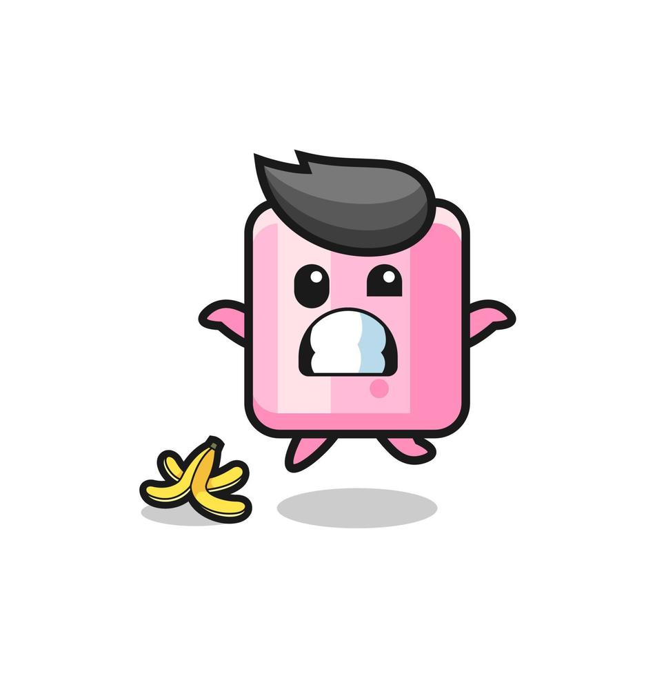 marshmallow cartoon is slip on a banana peel vector