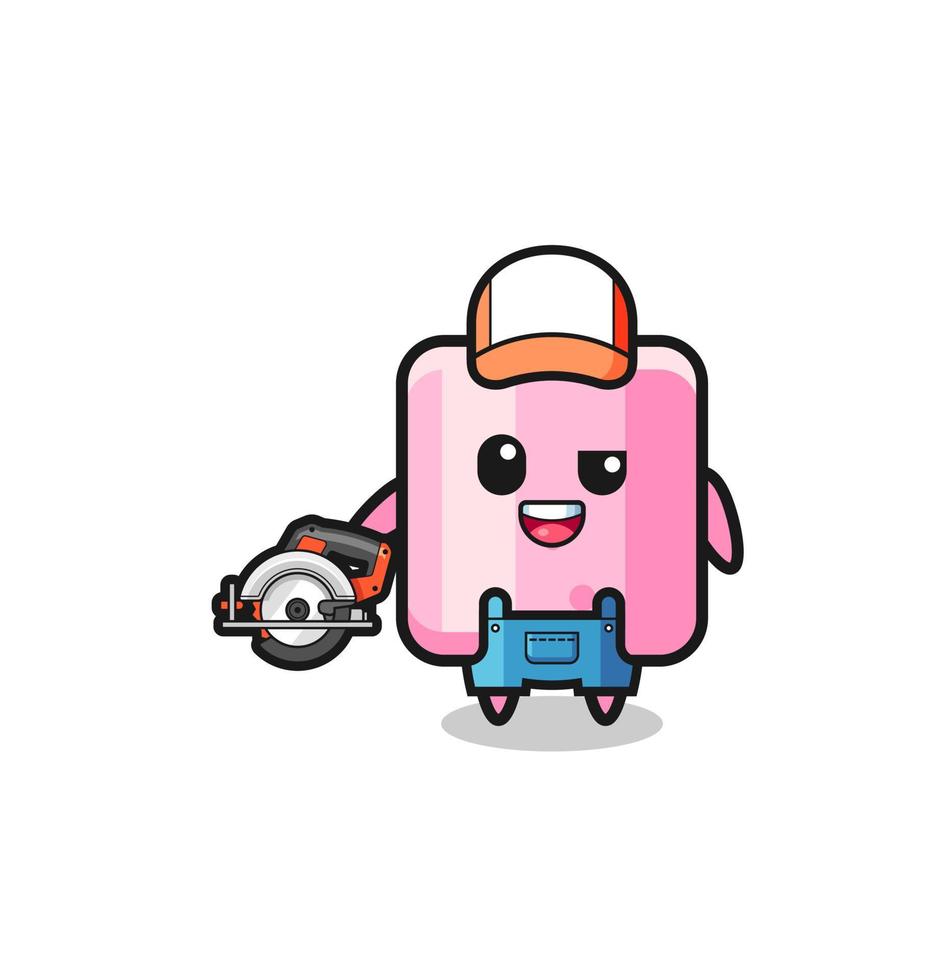 the woodworker marshmallow mascot holding a circular saw vector