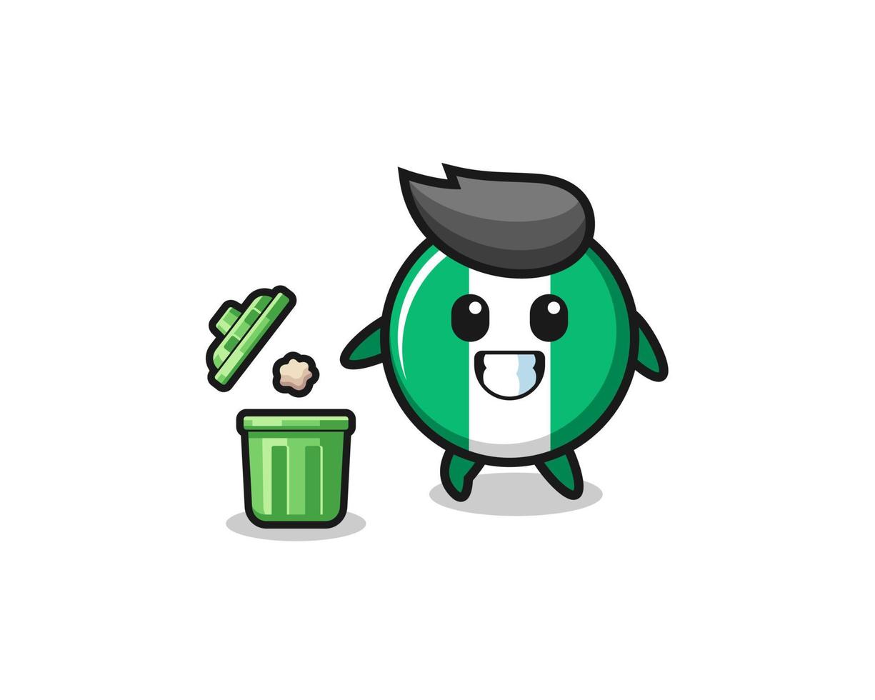 illustration of the nigeria flag throwing garbage in the trash can vector