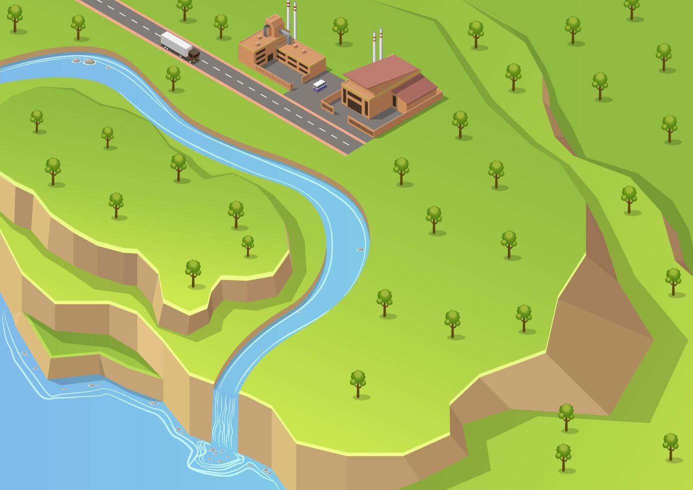 hill with river and industrial building vector