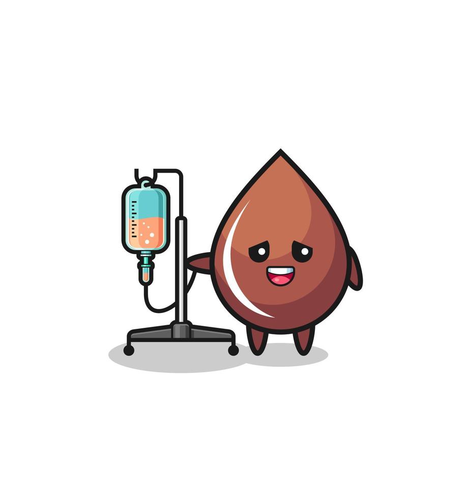 cute chocolate drop character standing with infusion pole vector