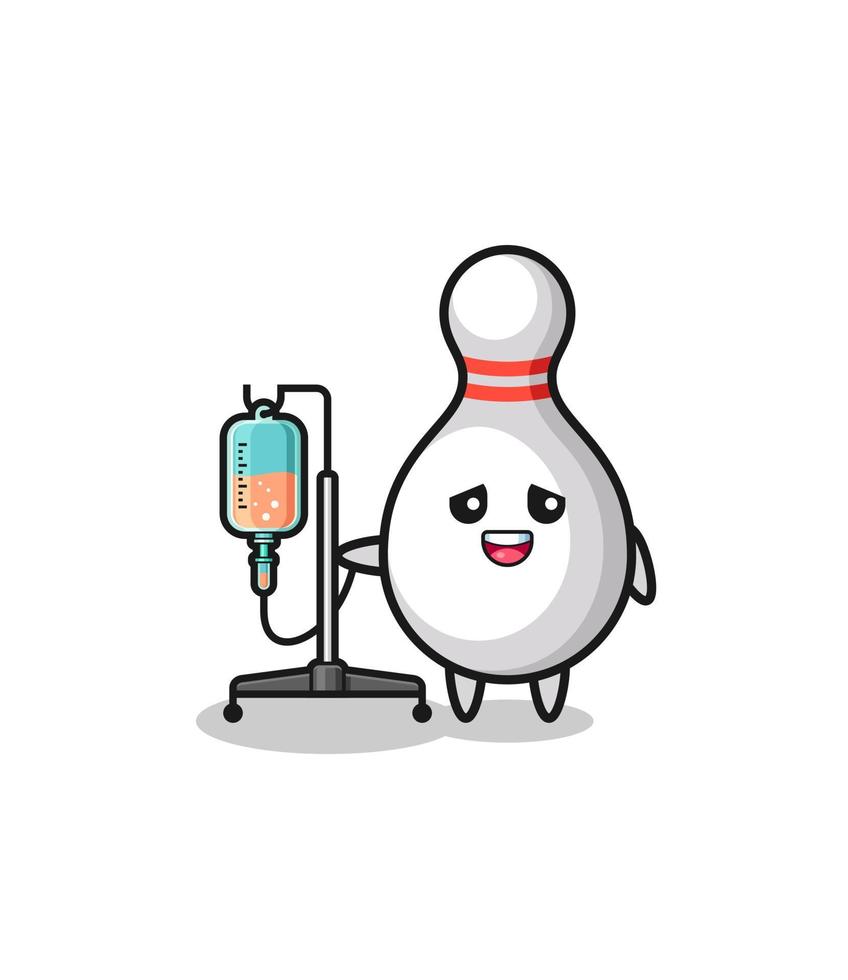 cute bowling pin character standing with infusion pole vector