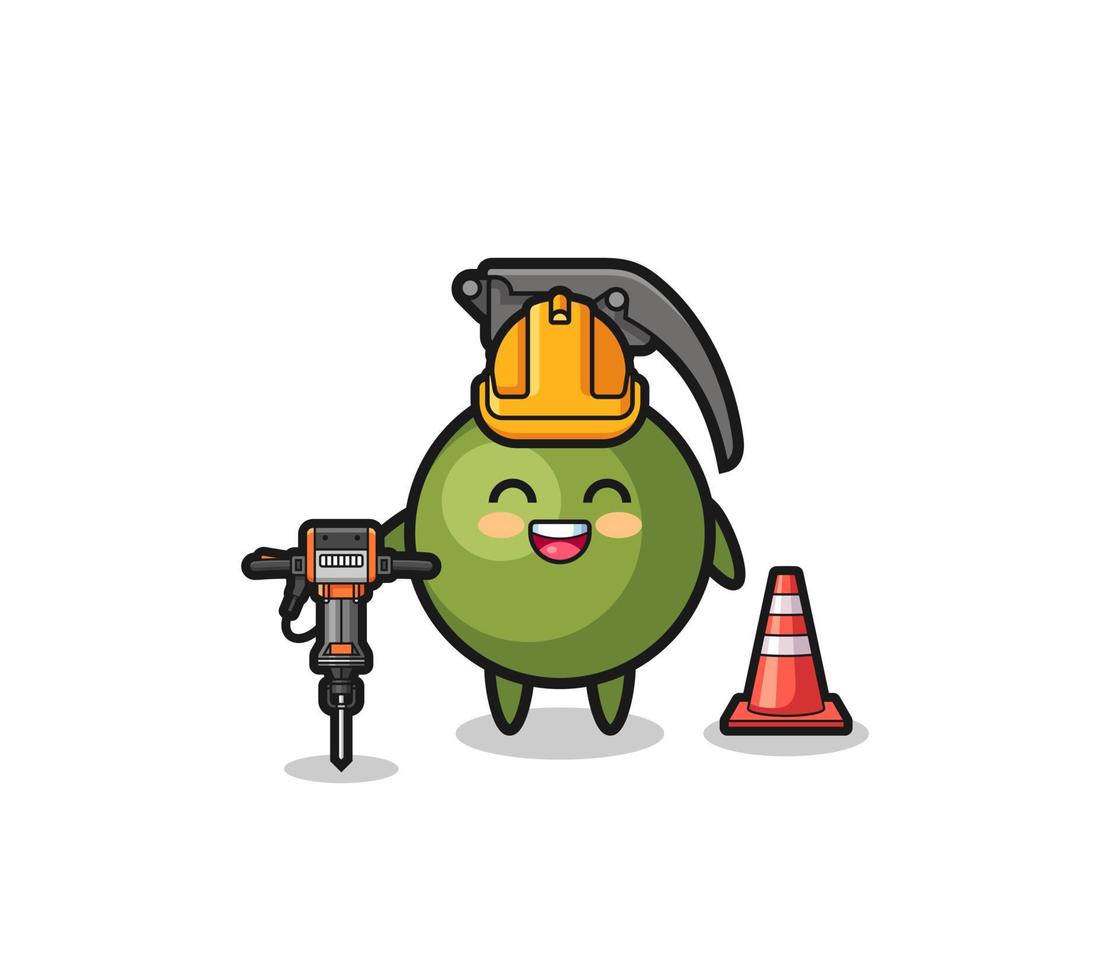 road worker mascot of grenade holding drill machine vector