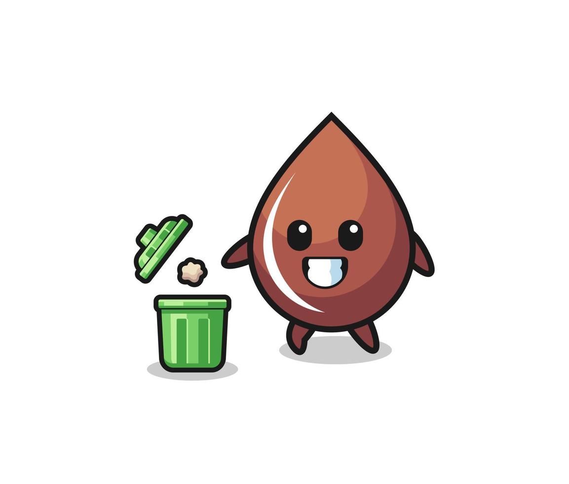 illustration of the chocolate drop throwing garbage in the trash can vector