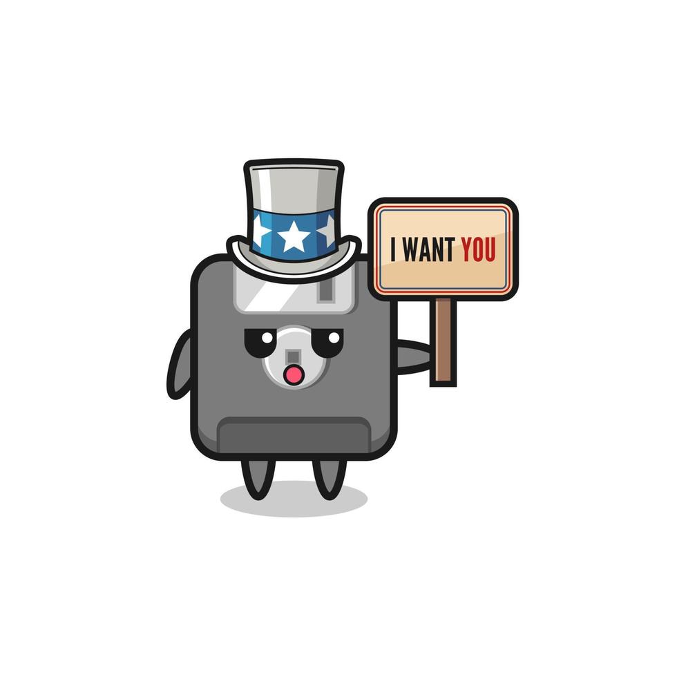 floppy disk cartoon as uncle Sam holding the banner I want you vector