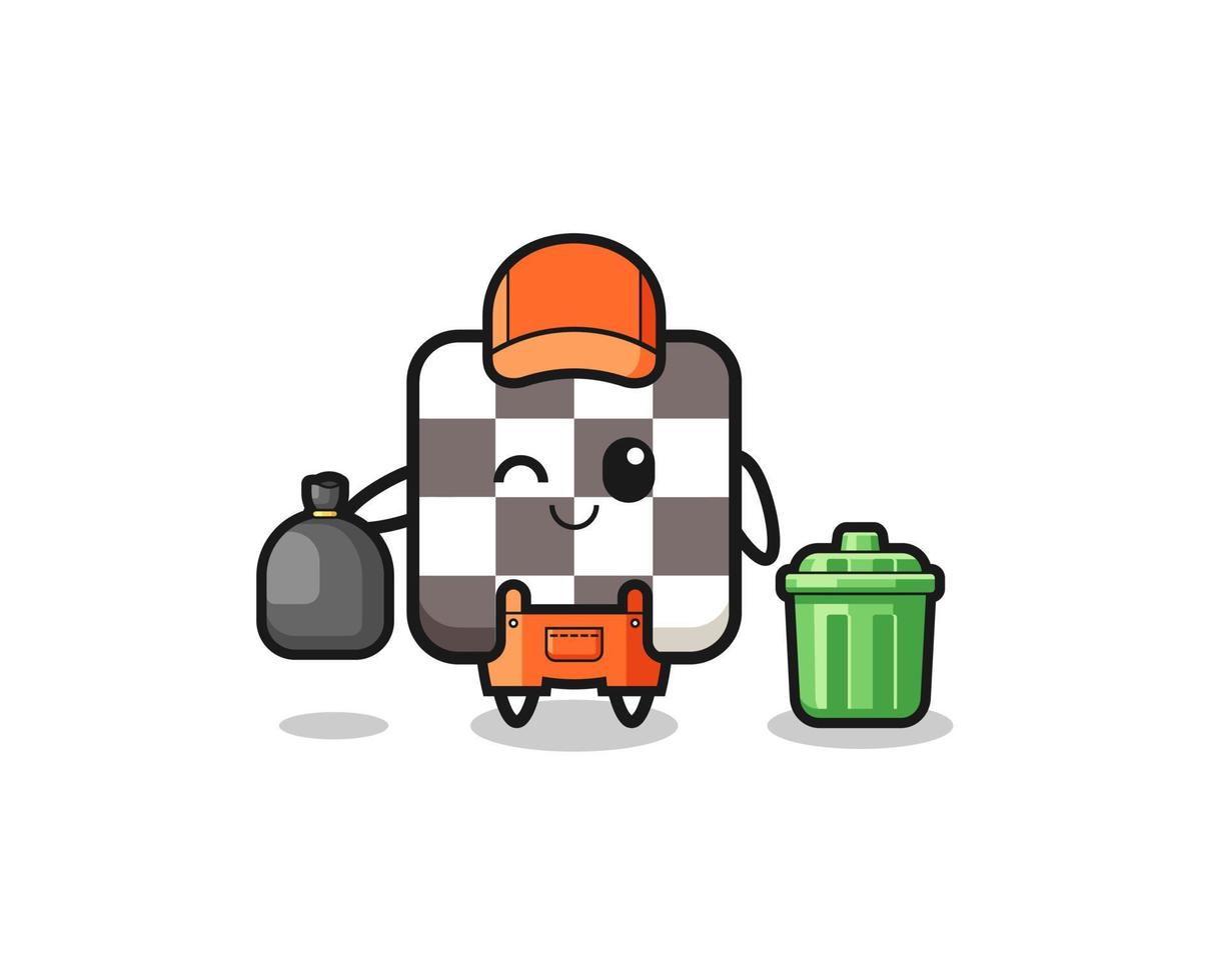 the mascot of cute chess board as garbage collector vector