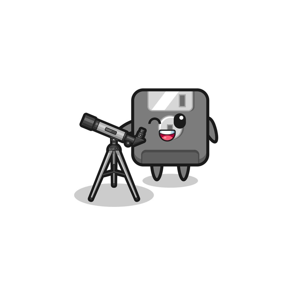 floppy disk astronomer mascot with a modern telescope vector
