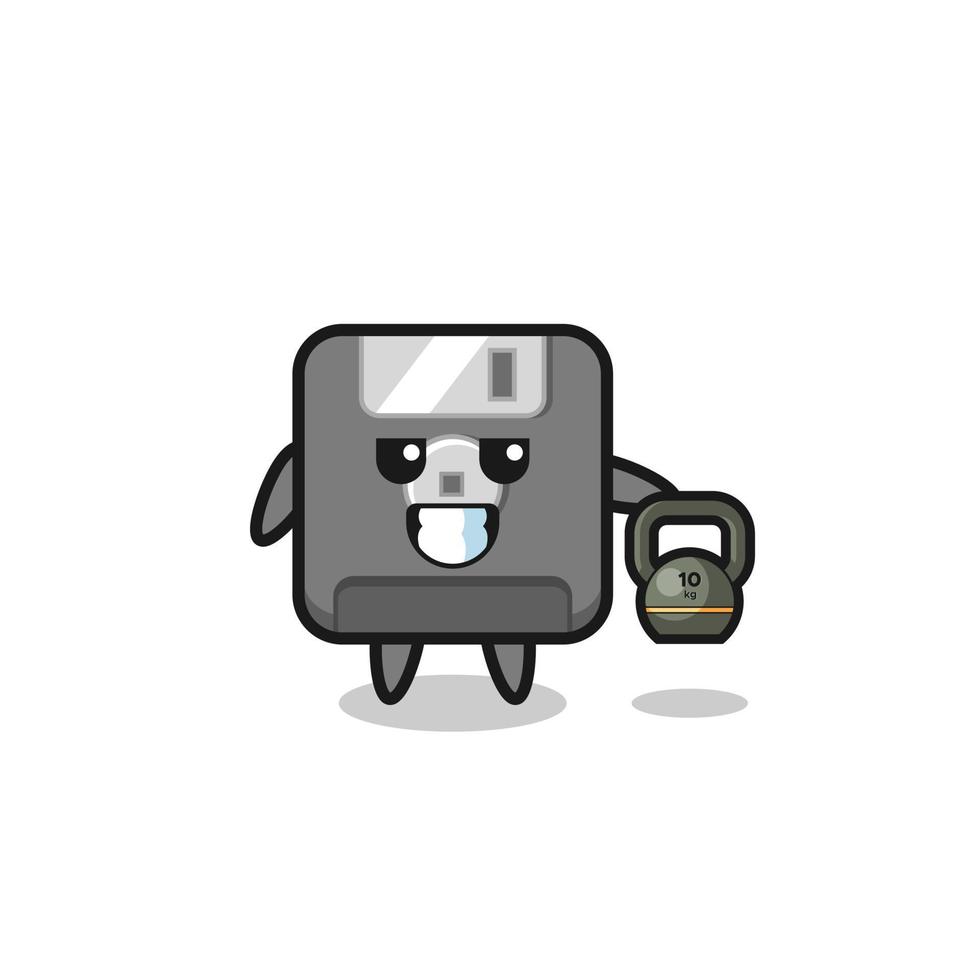 floppy disk mascot lifting kettlebell in the gym vector