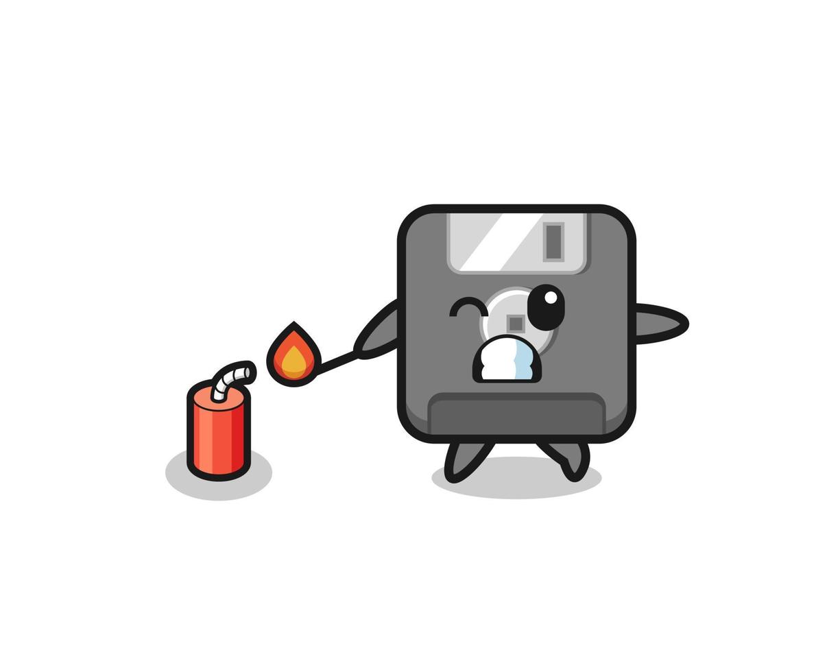 floppy disk mascot illustration playing firecracker vector