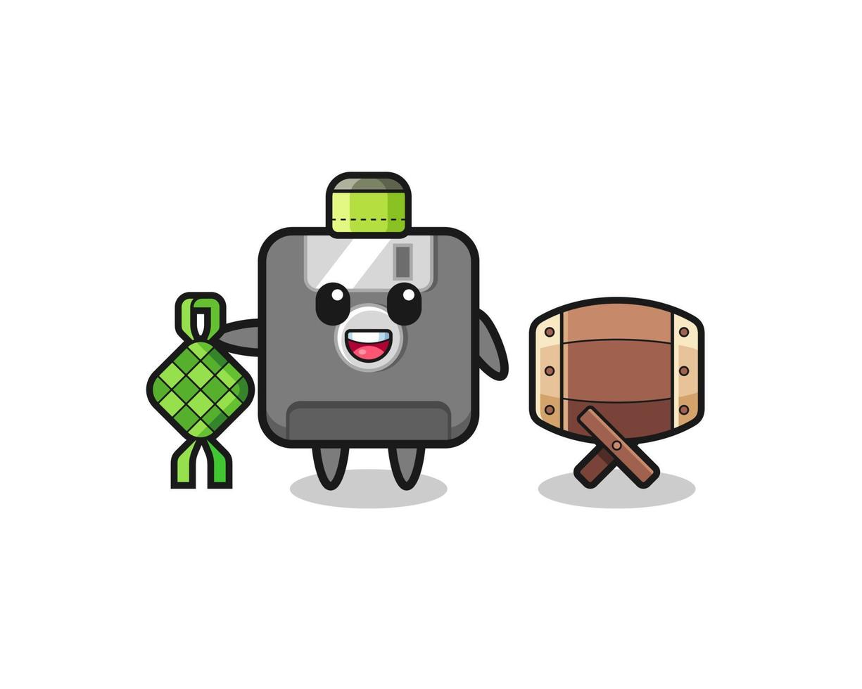 floppy disk muslim character are celebrating Eid Al Fitr vector