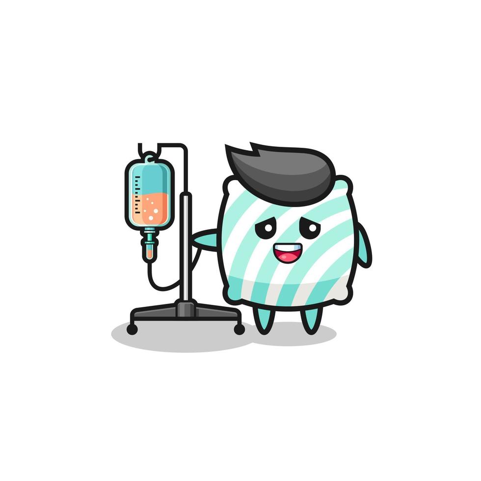 cute pillow character standing with infusion pole vector