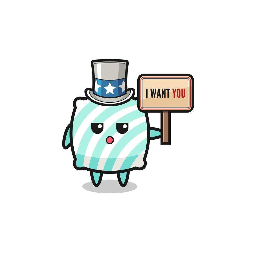 pillow cartoon as uncle Sam holding the banner I want you vector