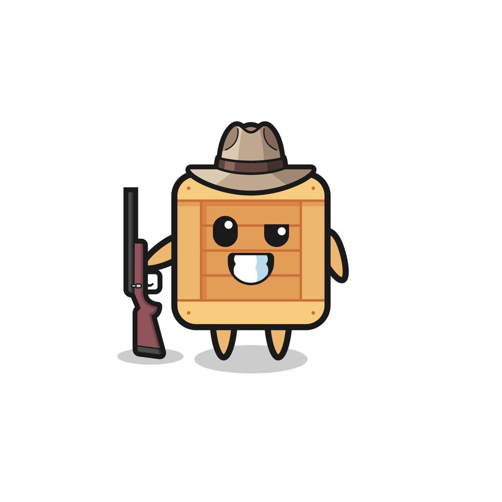 wooden box hunter mascot holding a gun vector