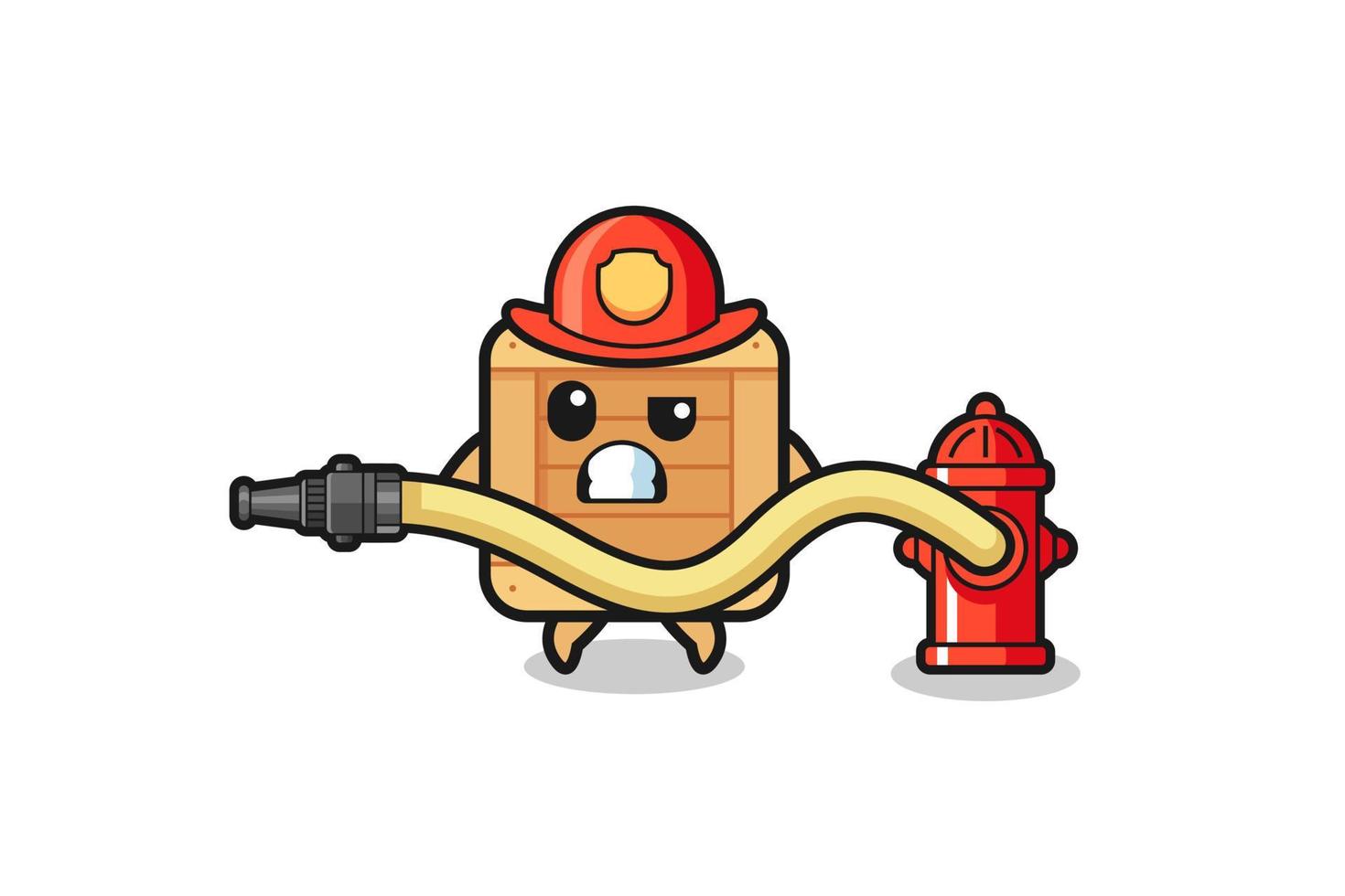 Dibujos animados de caja de madera como mascota bombero con manguera de agua vector