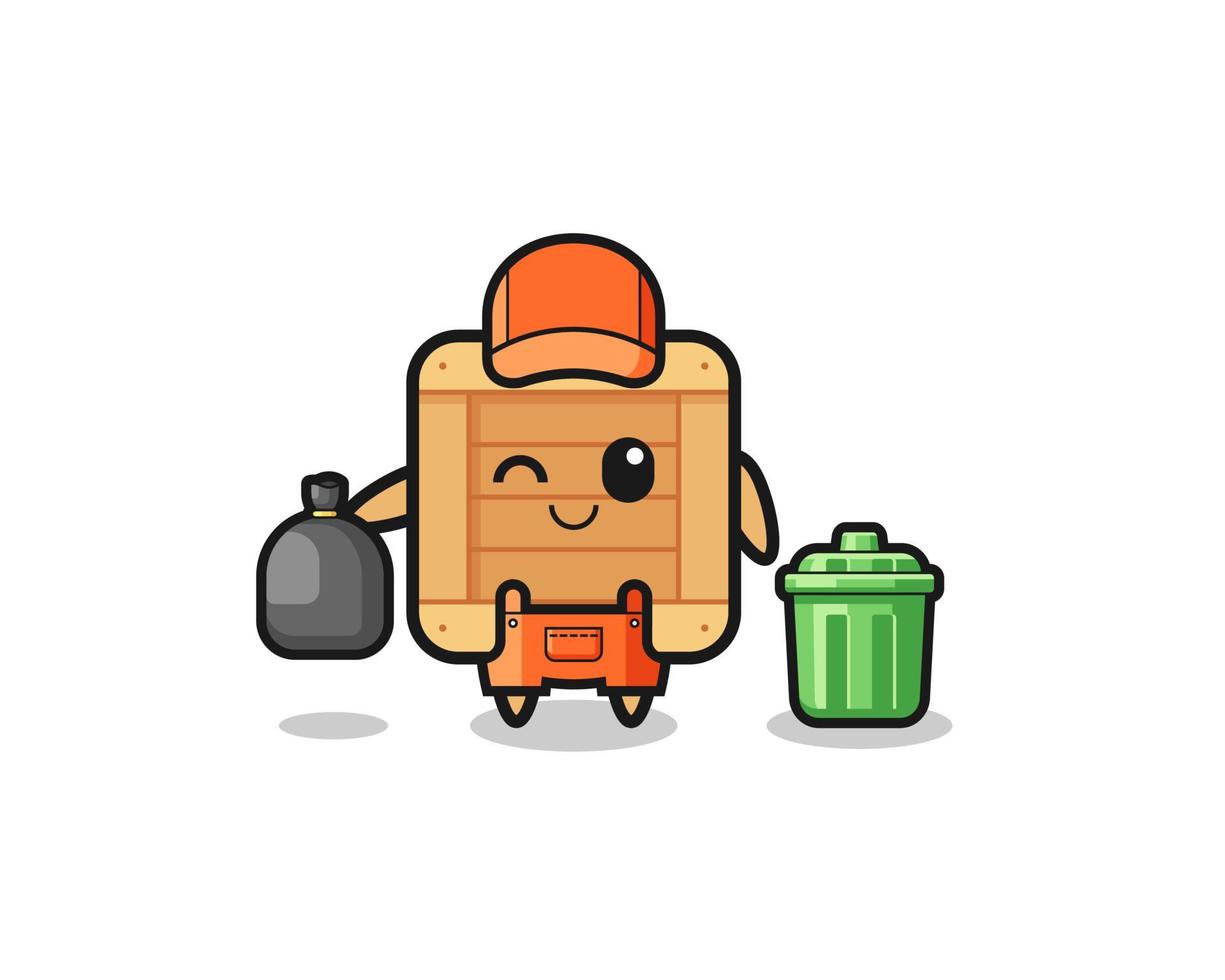 the mascot of cute wooden box as garbage collector vector