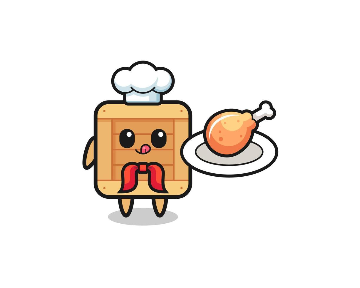 caja de madera pollo frito chef personaje de dibujos animados vector