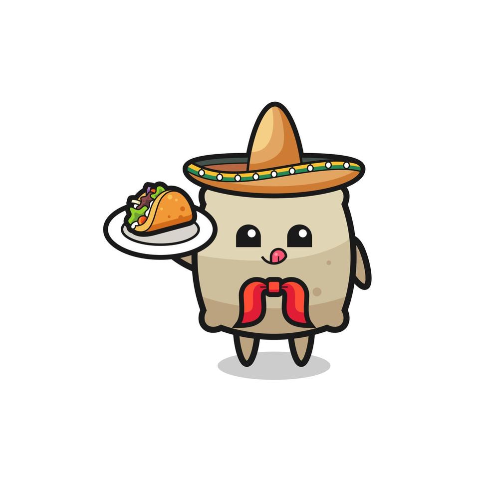Saco mascota chef mexicano sosteniendo un taco vector