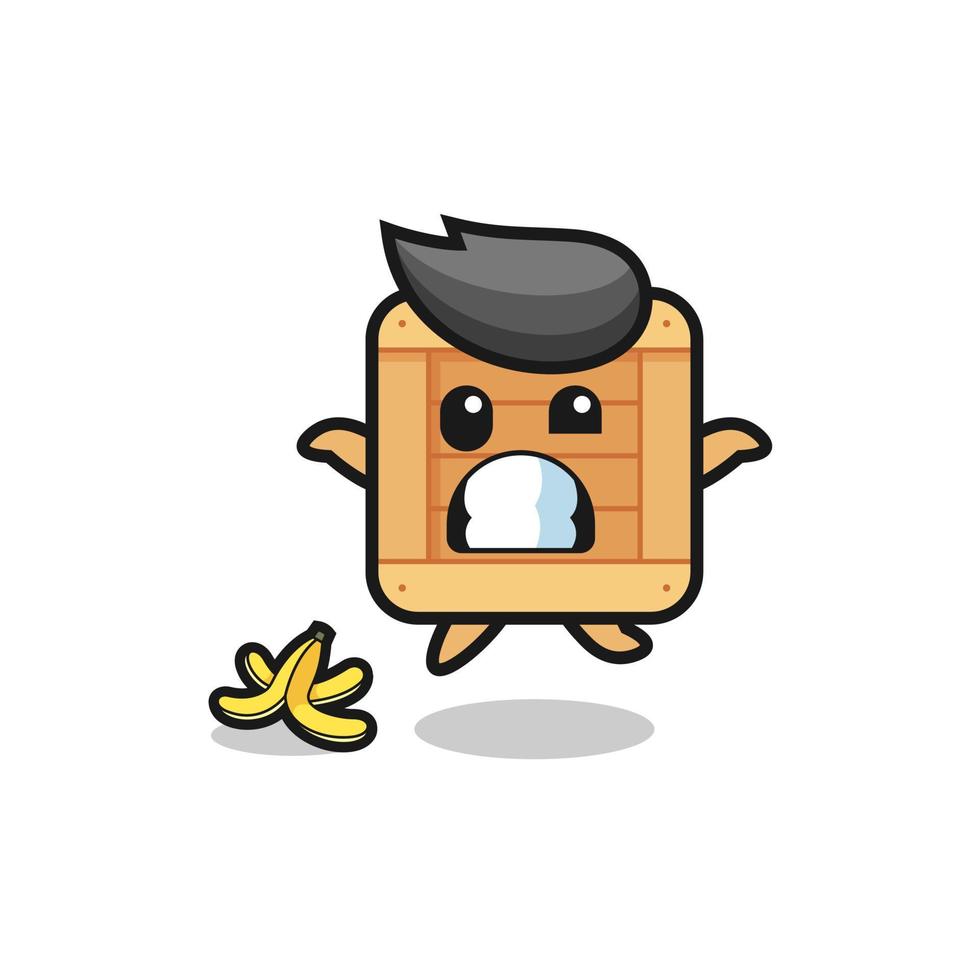 dibujos animados de caja de madera se desliza sobre una cáscara de plátano vector