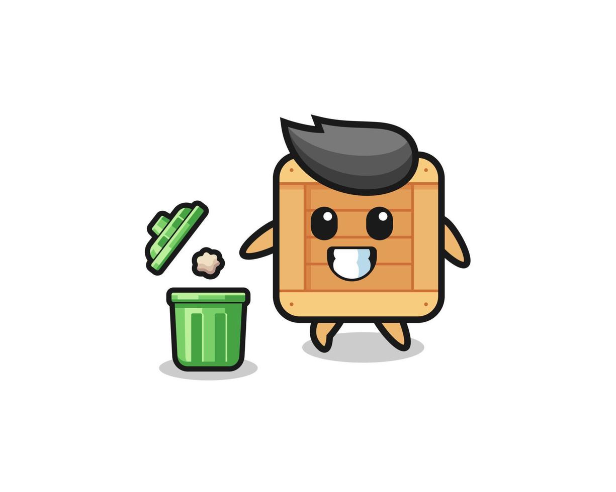 illustration of the wooden box throwing garbage in the trash can vector