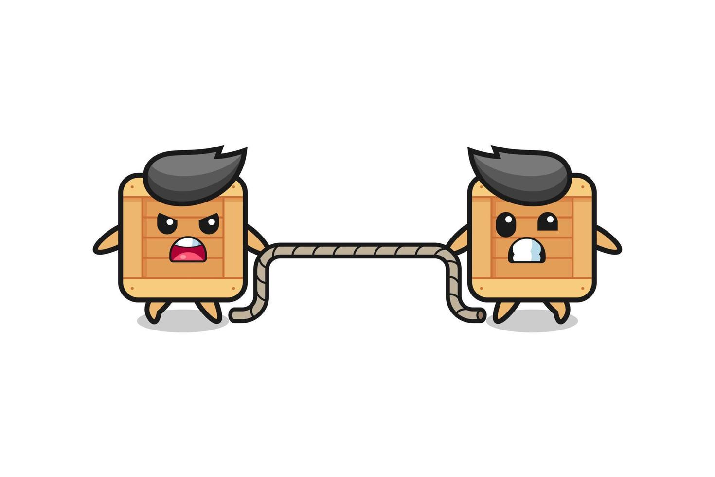 cute wooden box character is playing tug of war game vector