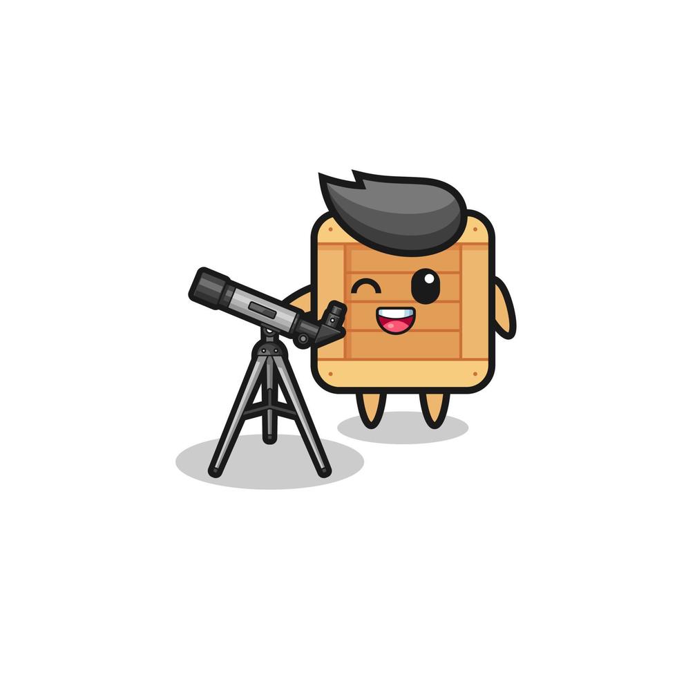 wooden box astronomer mascot with a modern telescope vector