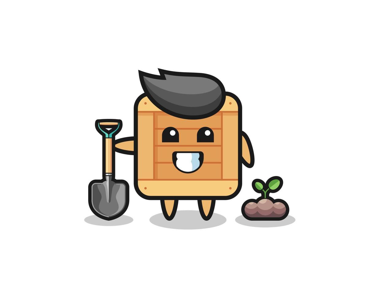 cute wooden box cartoon is planting a tree seed vector
